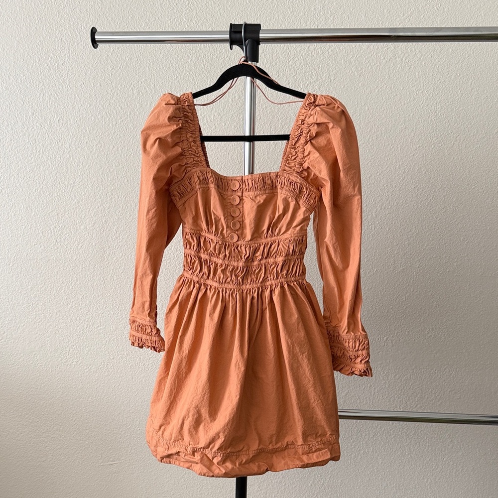 Magali Pascal Dress Smocked Orange Long Sleeve Mini Dress Puff Shoulders Size S - Picture 2 of 7